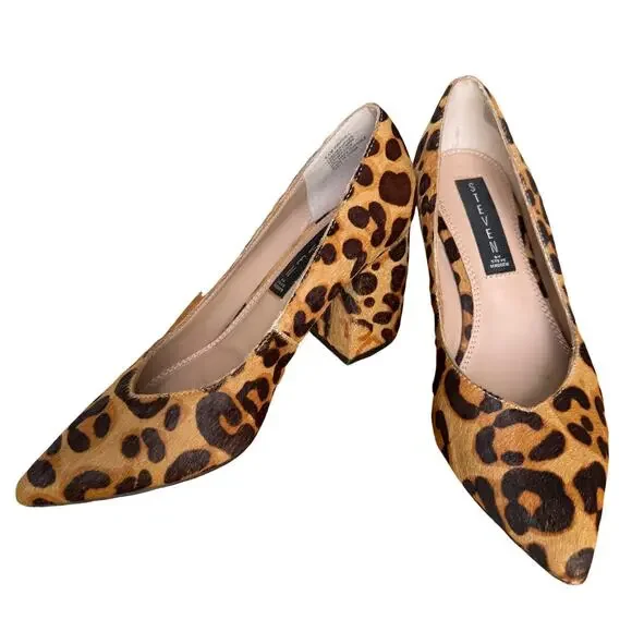 Steven Pamina Block Heel Leopard Print Shoes 6.5M Calf Hair Mob Wife Office Work - Picture 2 of 13